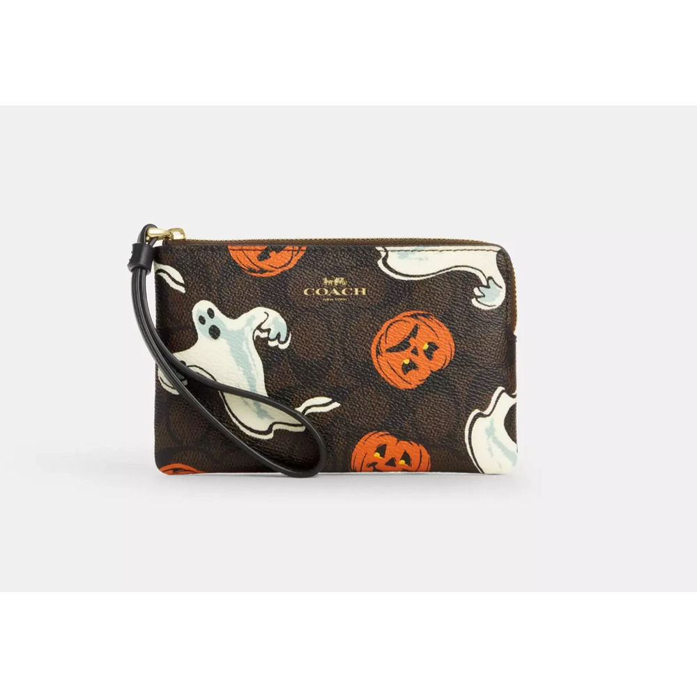 Coach Corner Zip Wristlet In Signature Canvas With Halloween Print Walnut Ghost - Picture 2 of 16